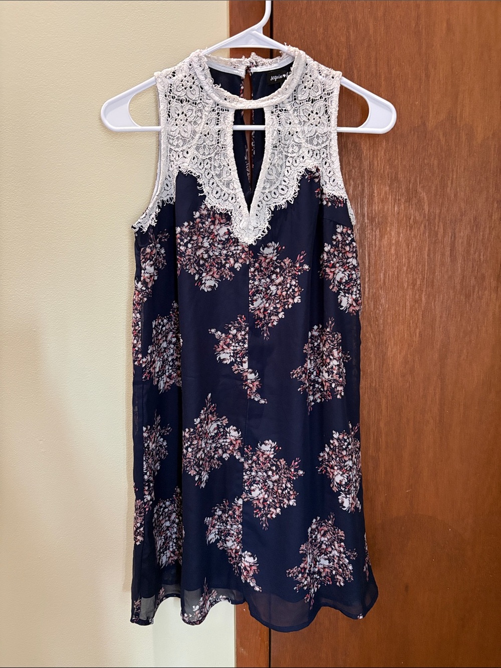 Sequin Hearts Navy Floral Dress with Cream Lace Yoke